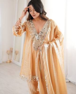 beige mirror embroidered silk kurta trouser set 3