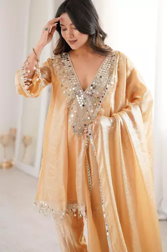 beige mirror embroidered silk kurta trouser set