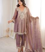 purple mirror embroidered silk kurta trouser set