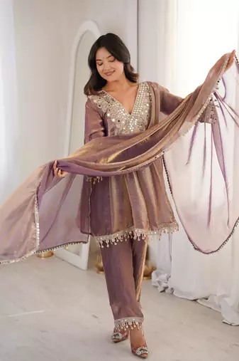 purple mirror embroidered silk kurta trouser set