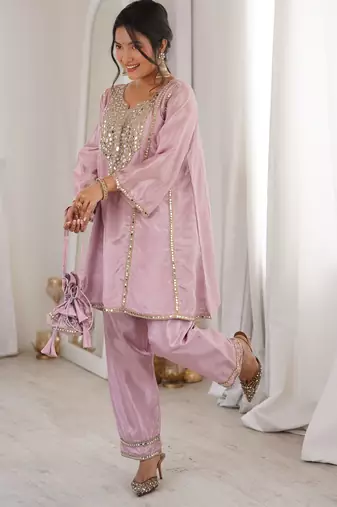 baby pink embroidered silk kurta trouser set