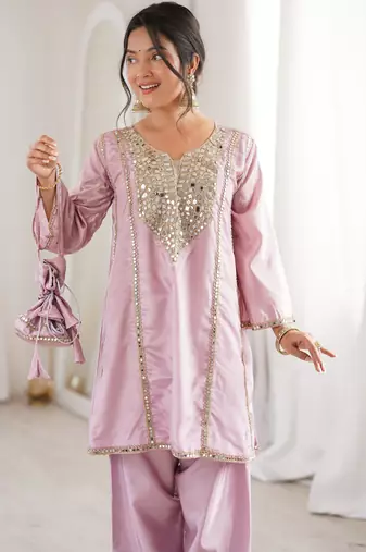 baby pink embroidered silk kurta trouser set