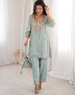 sky blue mirror embroidered silk kurta trouser set 1