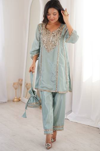 Sky blue embroidered ho designer kurta set with batwa