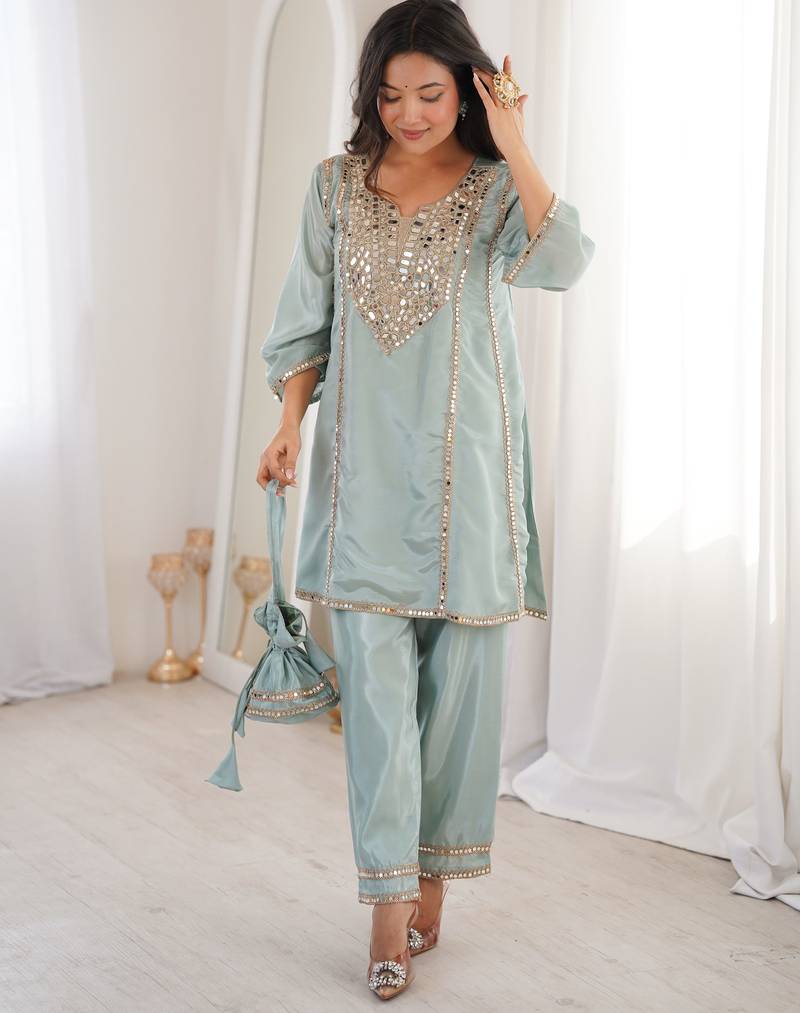 Sky blue embroidered ho designer kurta set with batwa