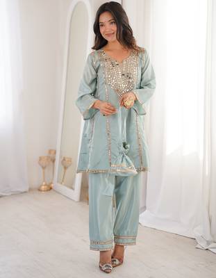 sky blue mirror embroidered silk kurta trouser set 2