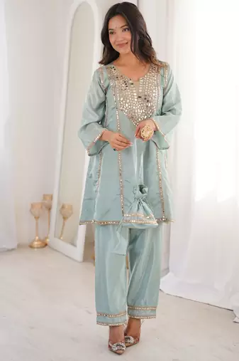 sky blue mirror embroidered silk kurta trouser set