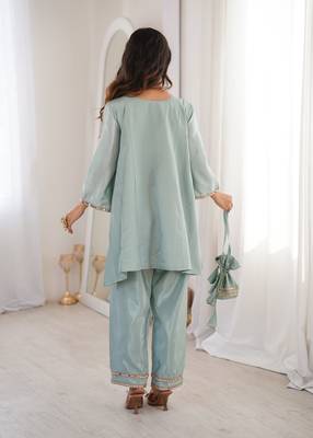 sky blue mirror embroidered silk kurta trouser set 4