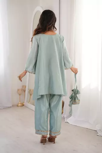 sky blue mirror embroidered silk kurta trouser set