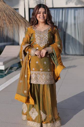 Mustard embroidered fendy chiffon designer sharara set with dupatta