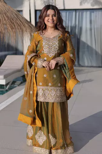 Mustard embroidered fendy chiffon designer sharara set with dupatta