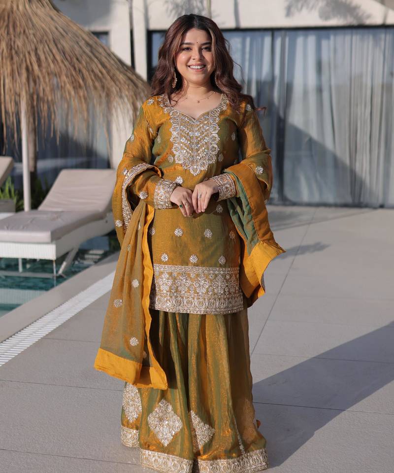 Mustard embroidered fendy chiffon designer sharara set with dupatta