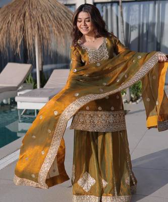 mustard sequins zari chiffon sharara set 2
