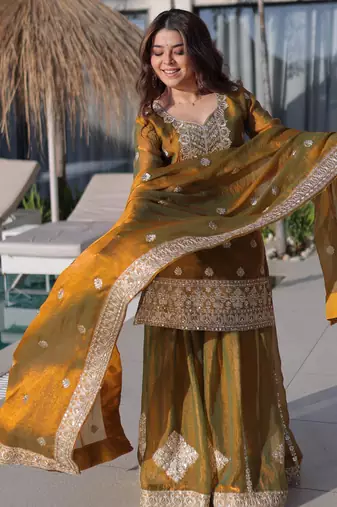 mustard sequins zari chiffon sharara set