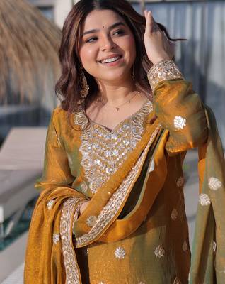 mustard sequins zari chiffon sharara set 3