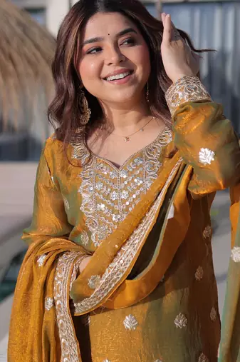mustard sequins zari chiffon sharara set