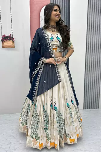 Women's Chinon Silk Embroiderd Semi-Stitched Lehenga Choli With Dupatta