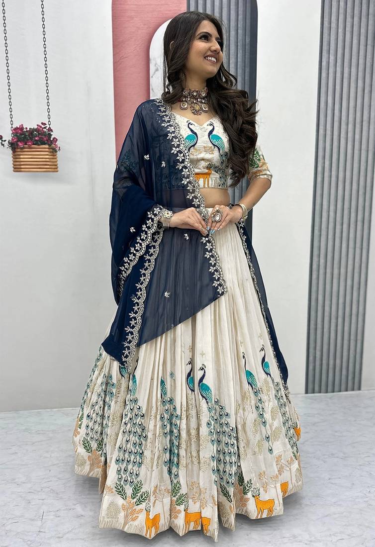 Women's Chinon Silk Embroiderd Semi-Stitched Lehenga Choli With Dupatta