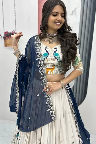 Women's Chinon Silk Embroiderd Semi-Stitched Lehenga Choli With Dupatta