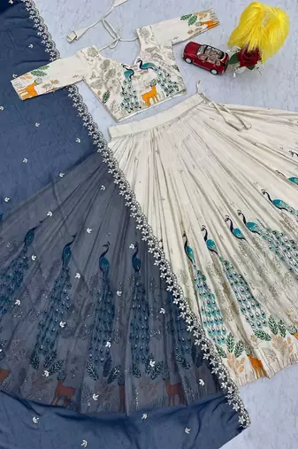 Women's Chinon Silk Embroiderd Semi-Stitched Lehenga Choli With Dupatta