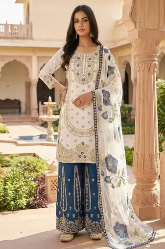 Navy blue embroidered kurta sharara set with silk dupatta party wear
