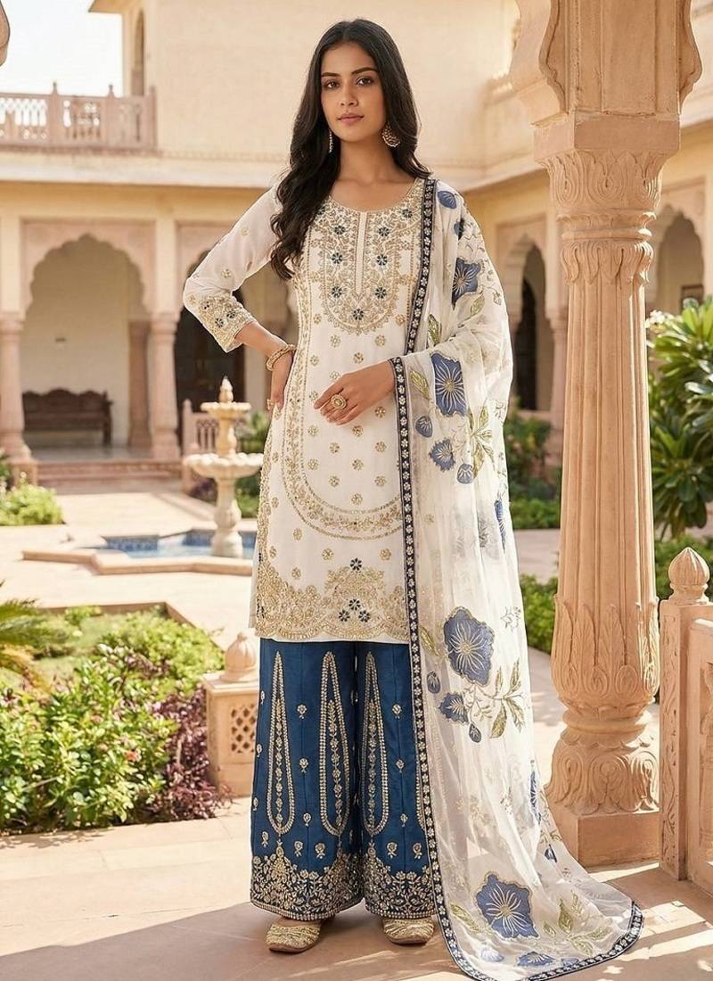 Navy blue embroidered kurta sharara set with silk dupatta party wear
