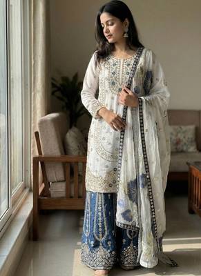 white zari embroidered silk kurta sharara set 2