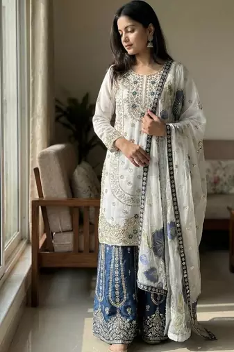 white zari embroidered silk kurta sharara set