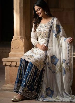 white zari embroidered silk kurta sharara set 3