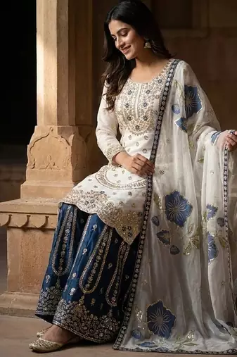 white zari embroidered silk kurta sharara set