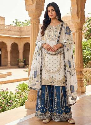 white zari embroidered silk kurta sharara set 4