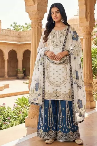 white zari embroidered silk kurta sharara set