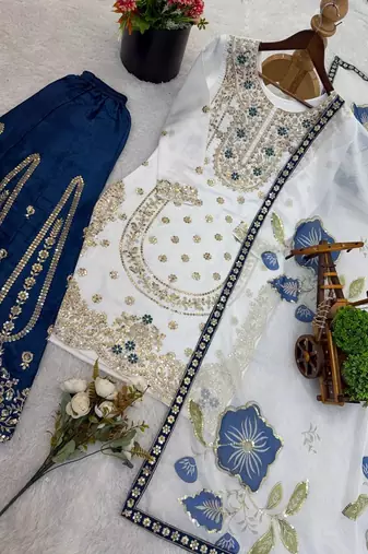 white zari embroidered silk kurta sharara set