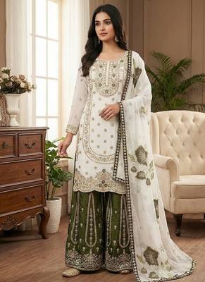 white embroidered silk kurta sharara set 1