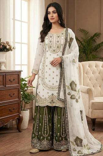 Mehendi embroidered kurta sharara set with silk dupatta party wear