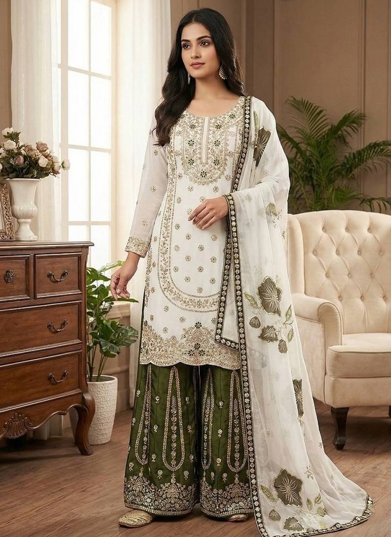 Mehendi embroidered kurta sharara set with silk dupatta party wear