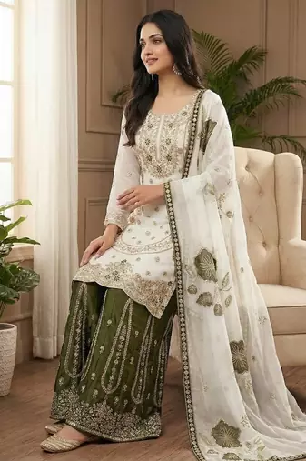 white embroidered silk kurta sharara set