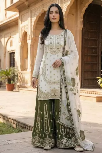 white embroidered silk kurta sharara set