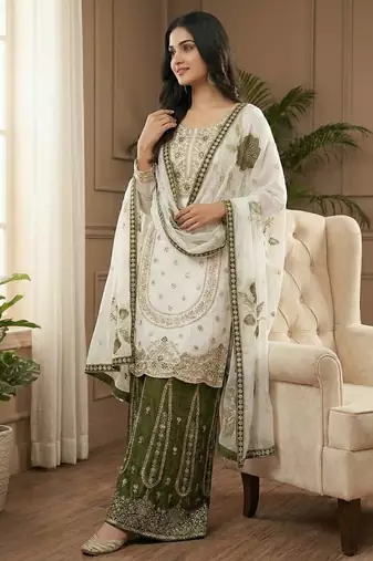 white embroidered silk kurta sharara set