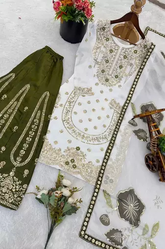white embroidered silk kurta sharara set