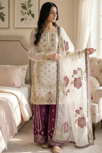 Purple embroidered kurta sharara set with silk dupatta party wear