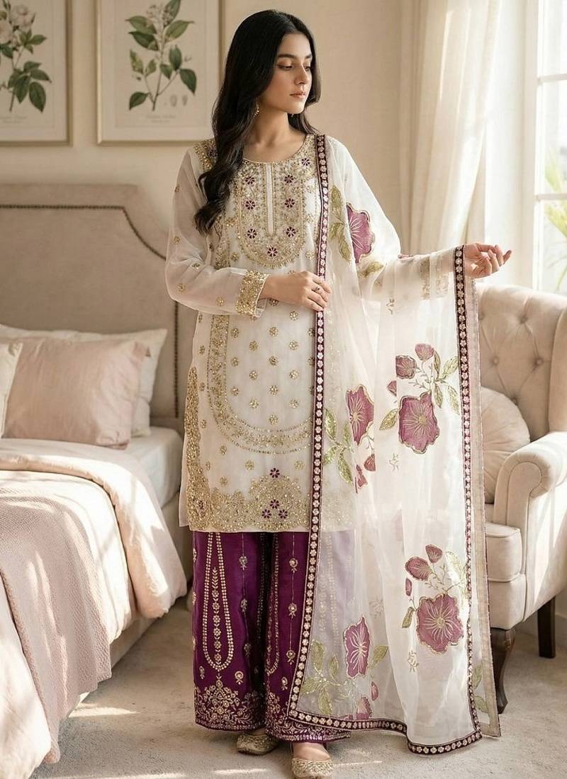 Purple embroidered kurta sharara set with silk dupatta party wear