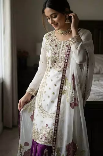 white threadwork silk kurta sharara set