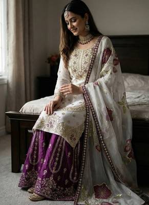 white threadwork silk kurta sharara set 3