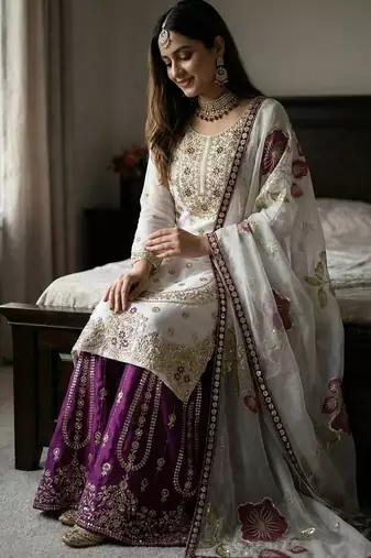 white threadwork silk kurta sharara set