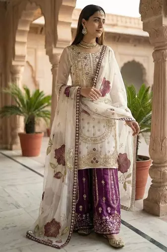 white threadwork silk kurta sharara set