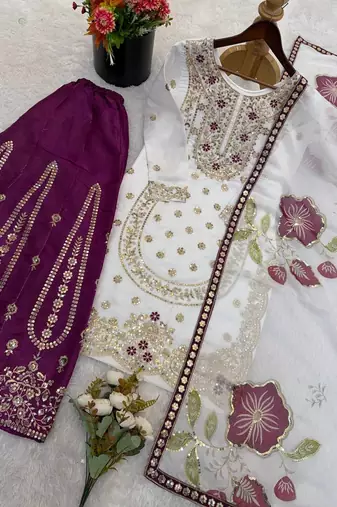 white threadwork silk kurta sharara set