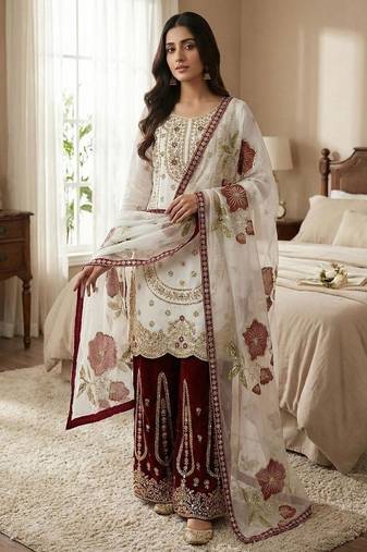 Maroon embroidered kurta sharara set with silk dupatta party wear