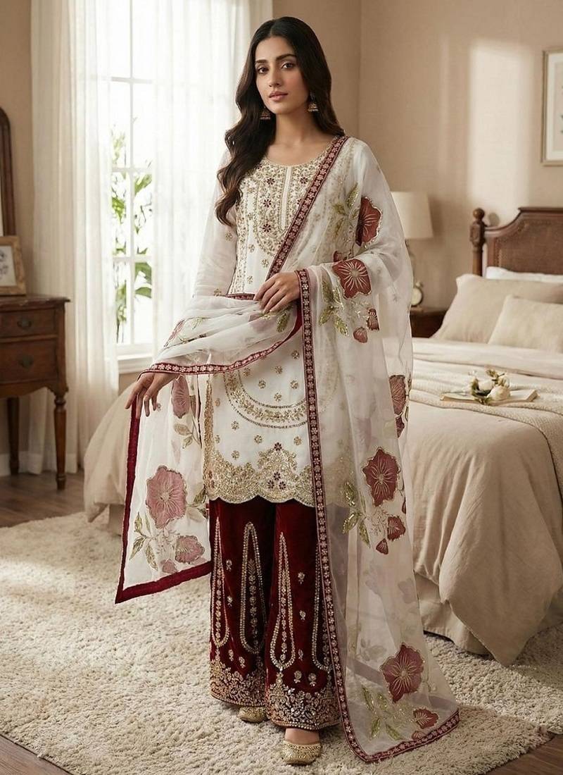 Maroon embroidered kurta sharara set with silk dupatta party wear
