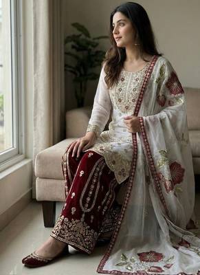 white embroidered straight silk kurta sharara set 2